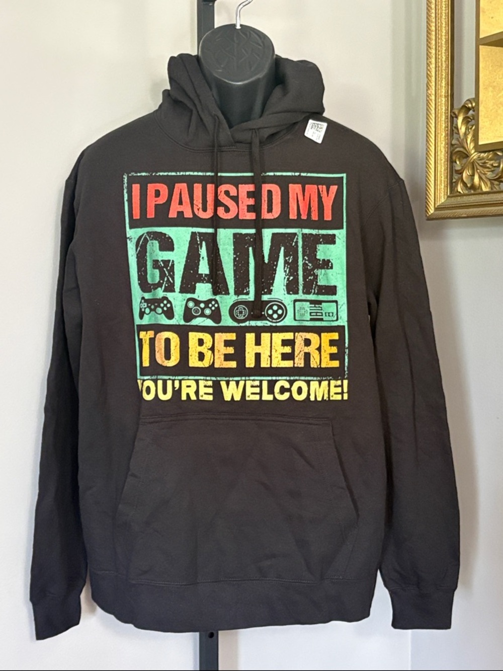 NEW I Paused My Game To Be Here Large Black Gamers Men Pullover Hoodie